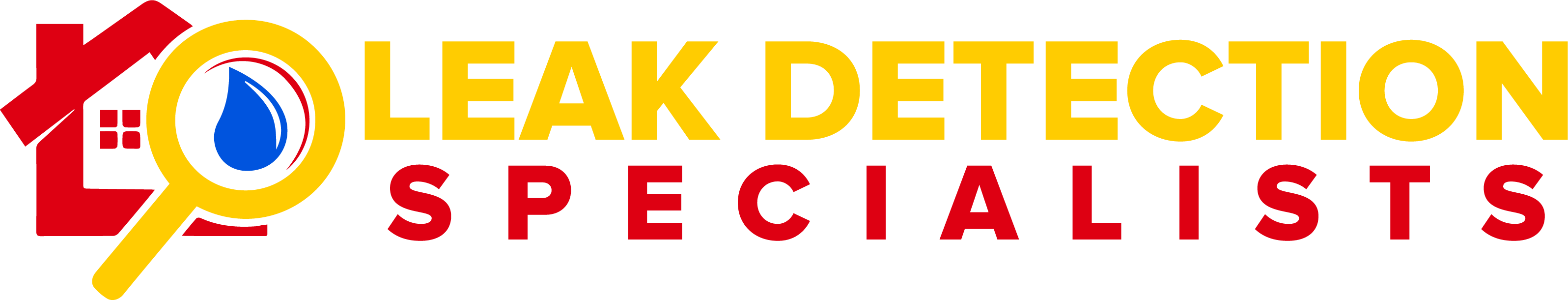 Red House with a magnifying glass on top of it with a water droplet inside, with the words Leak Detection Specialists